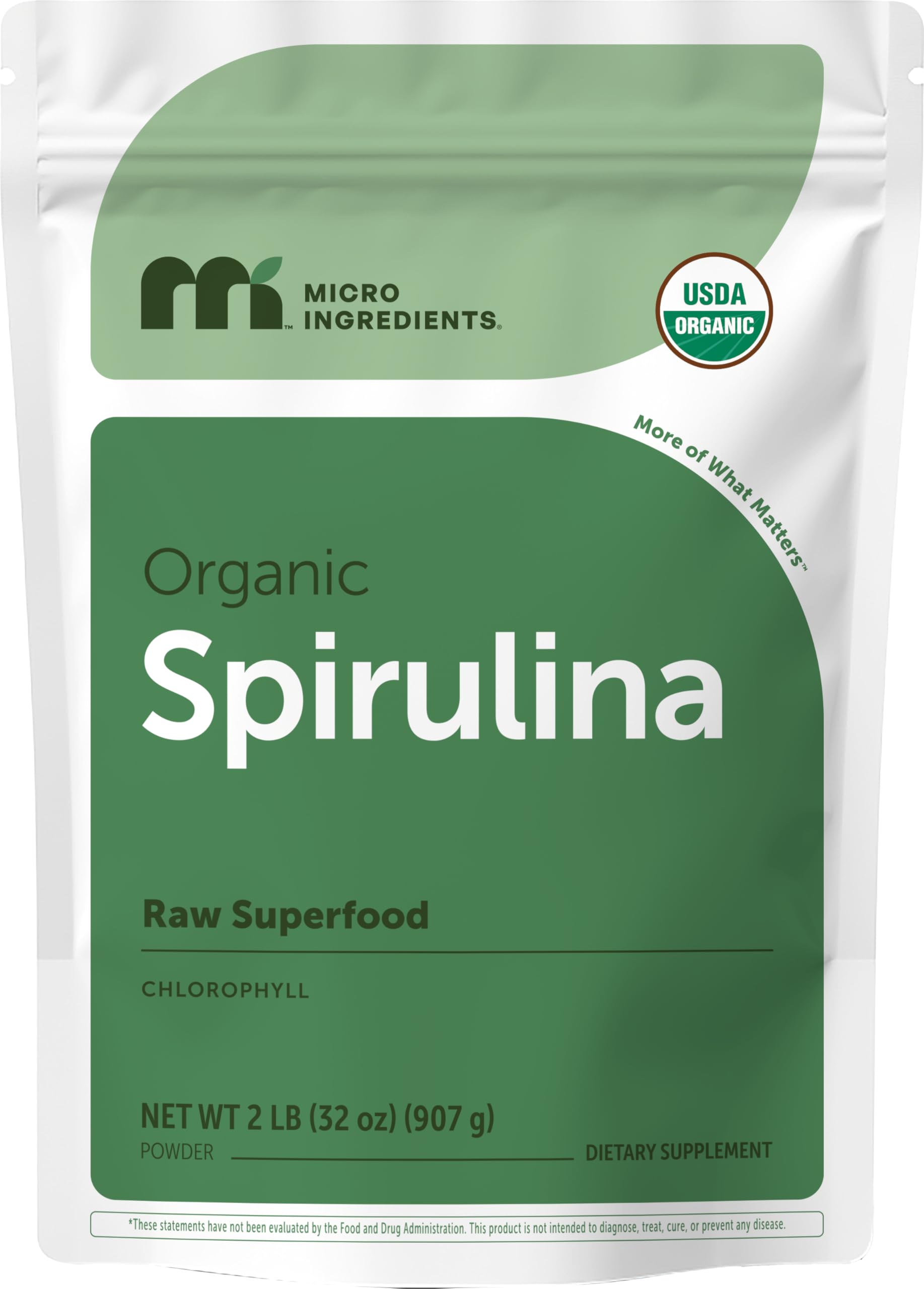 Micro Ingredients spirulina frontal mostrando presentación 2 lb y beneficio de suministro a granel