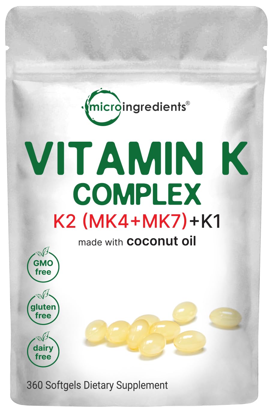 Micro Ingredients frasco frontal del Super Vitamin K Complex mostrando etiqueta clara y beneficios