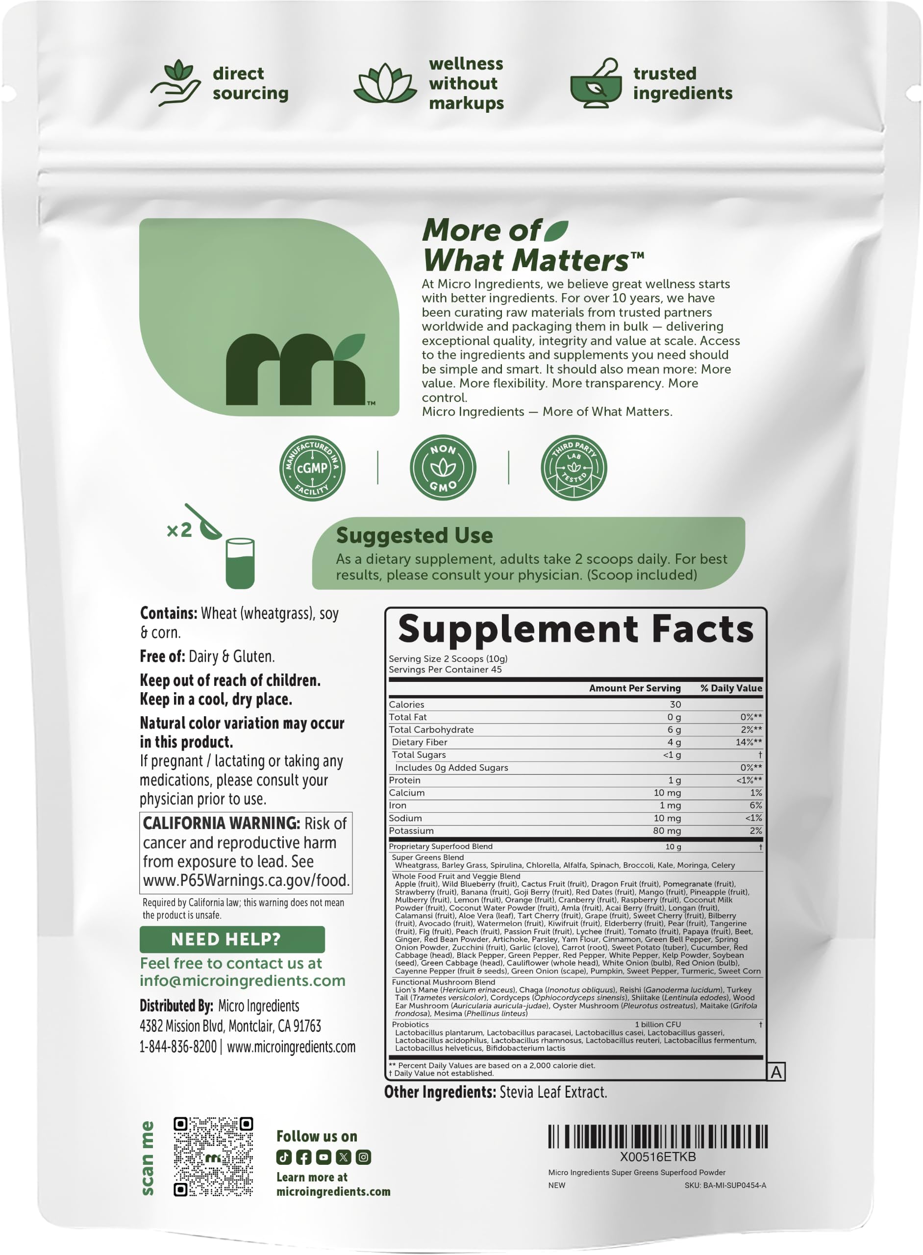 Micro Ingredients envase junto a una mano para mostrar tamaño y rendimiento
