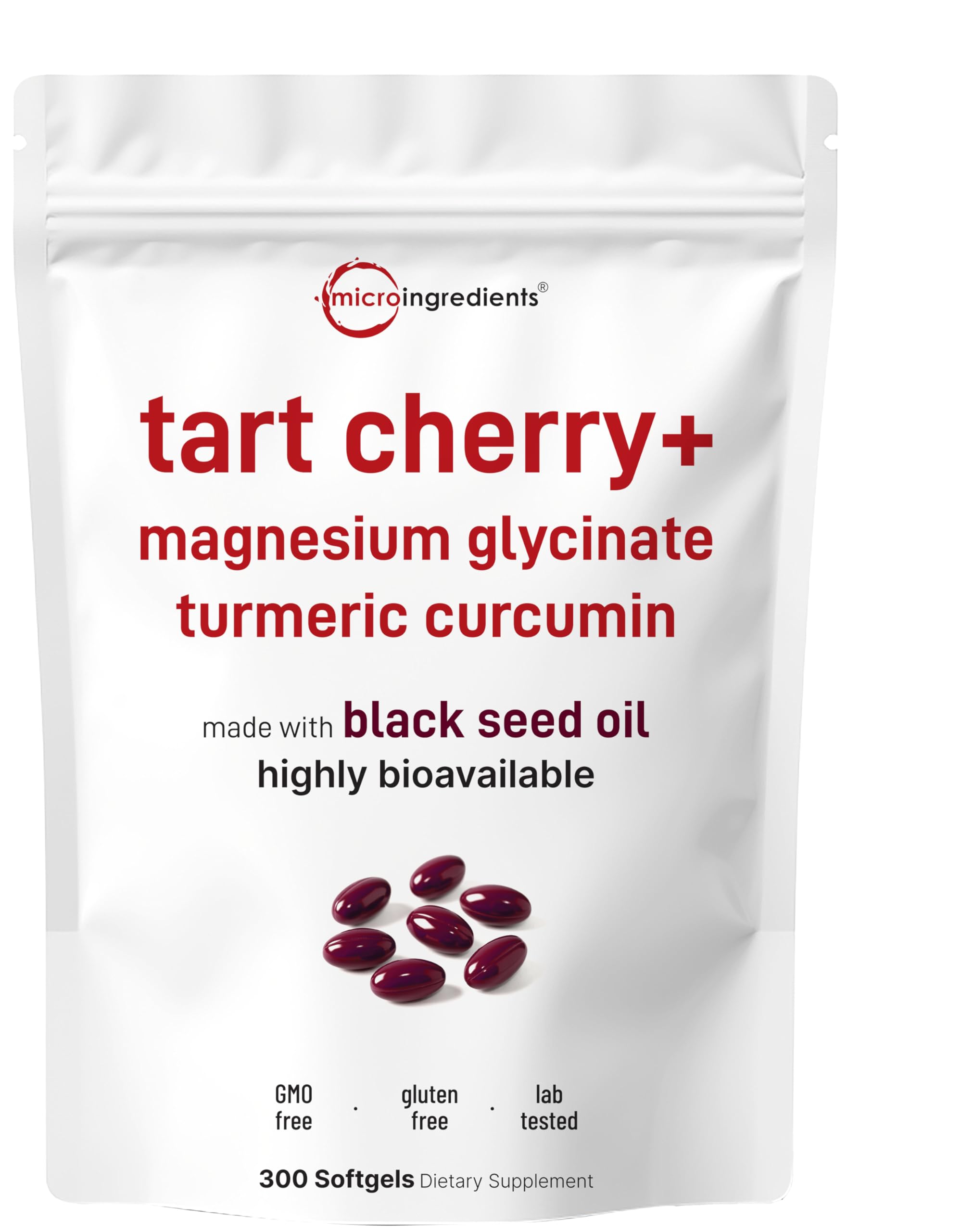 Micro Ingredients envase frontal Tart Cherry+ mostrando 300 cápsulas, conveniencia