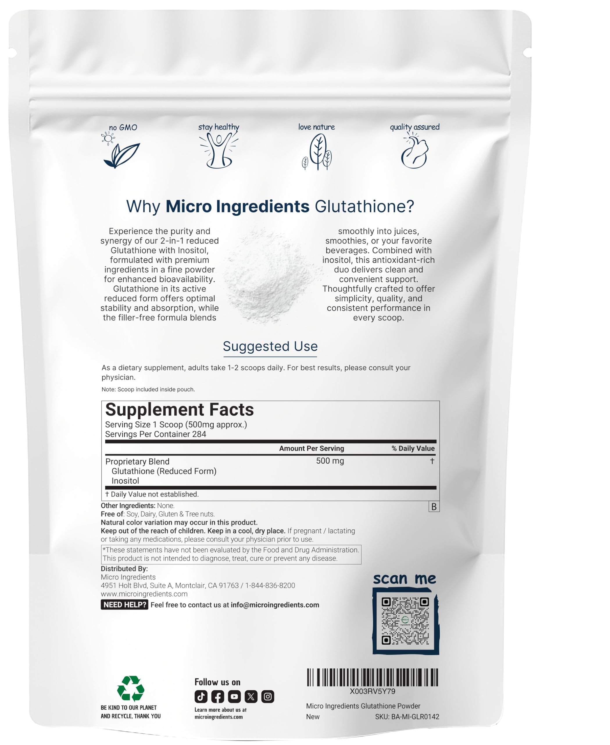 Micro Ingredients textura del polvo de glutathione en primer plano, disolución rápida y puro