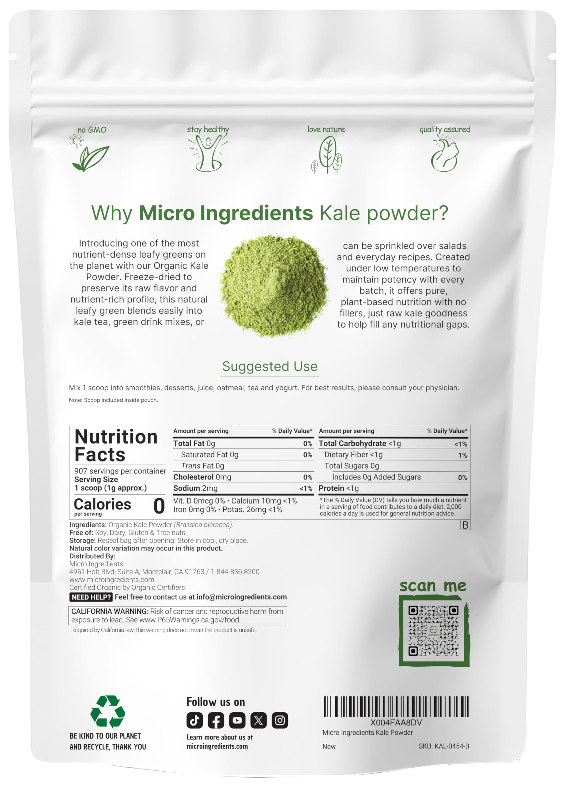 Micro Ingredients textura fina del polvo de kale liofilizado para fácil mezcla