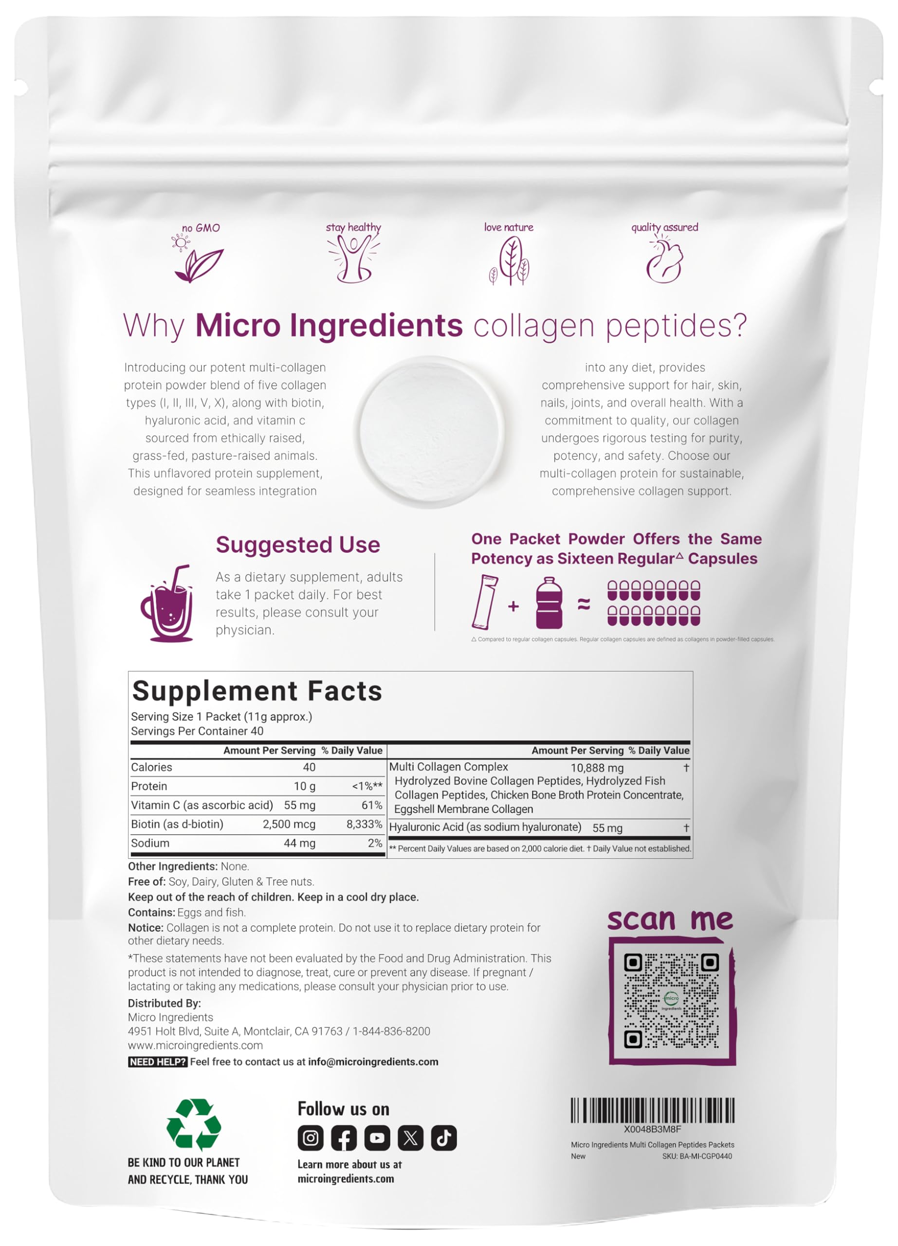 Micro Ingredients primer plano del polvo sin sabor mostrando textura fina y mezcla fácil