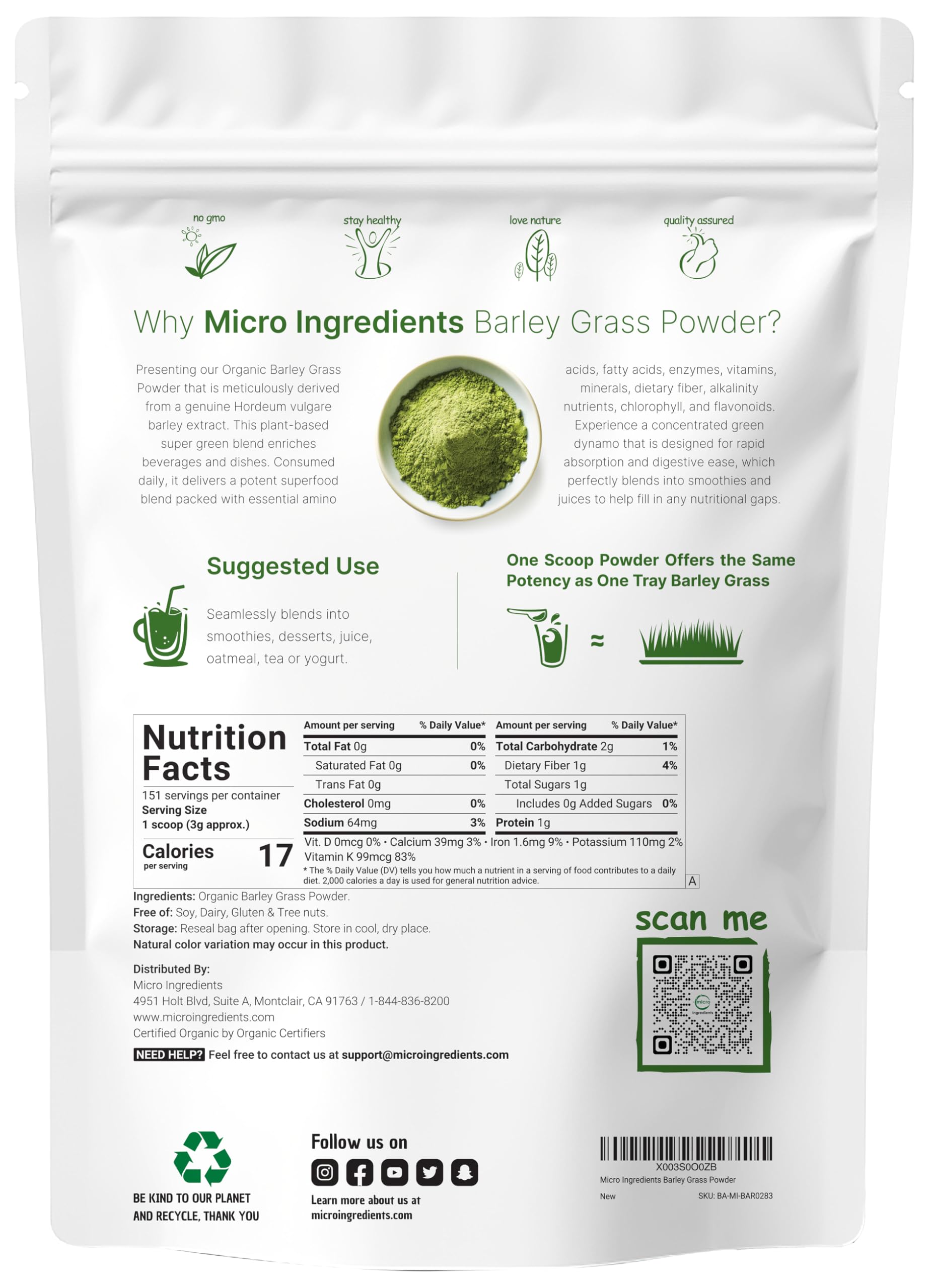 Micro Ingredients vista cercana de la textura fina del polvo de pasto de cebada