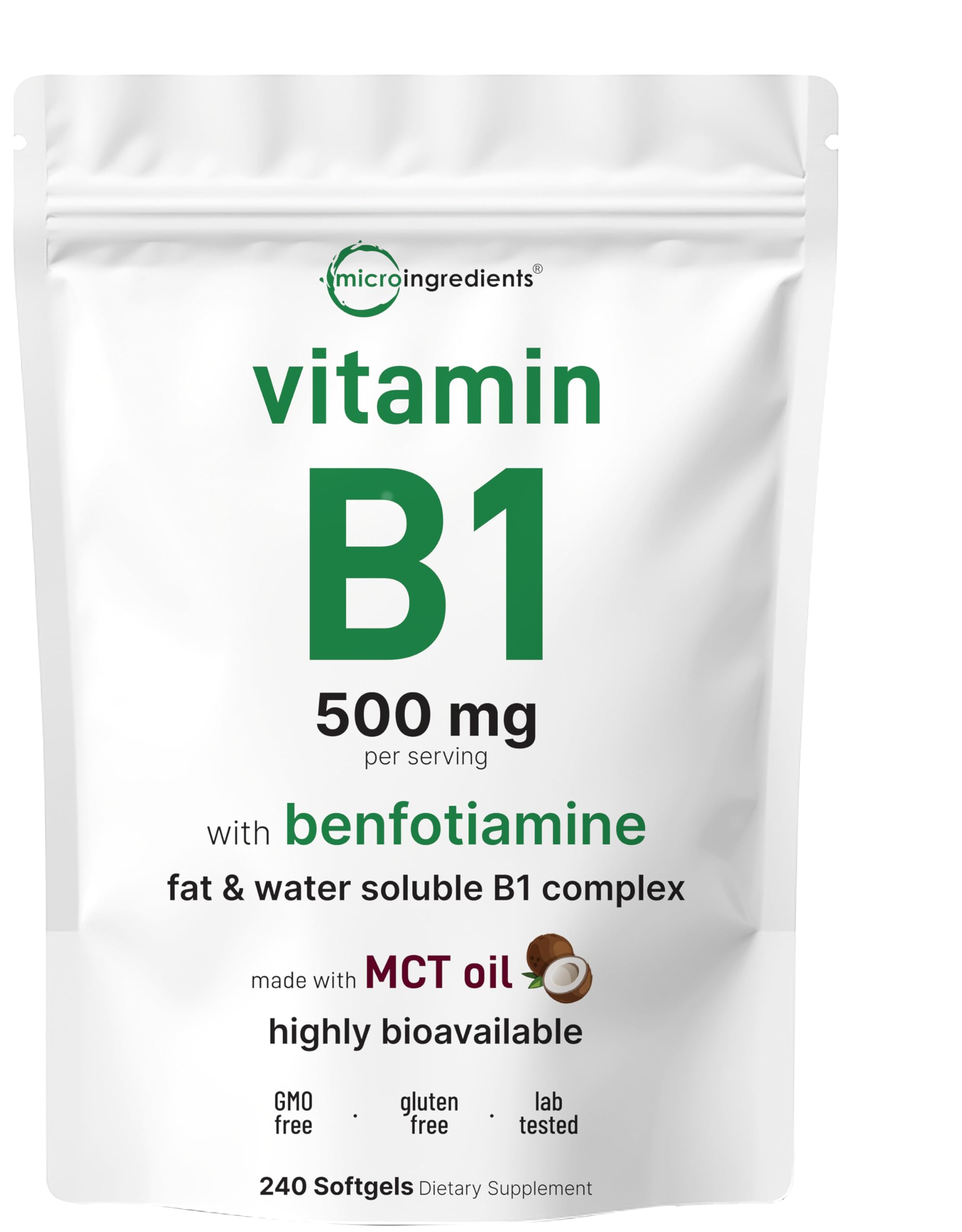 Micro Ingredients frente del envase mostrando 240 softgels y beneficios