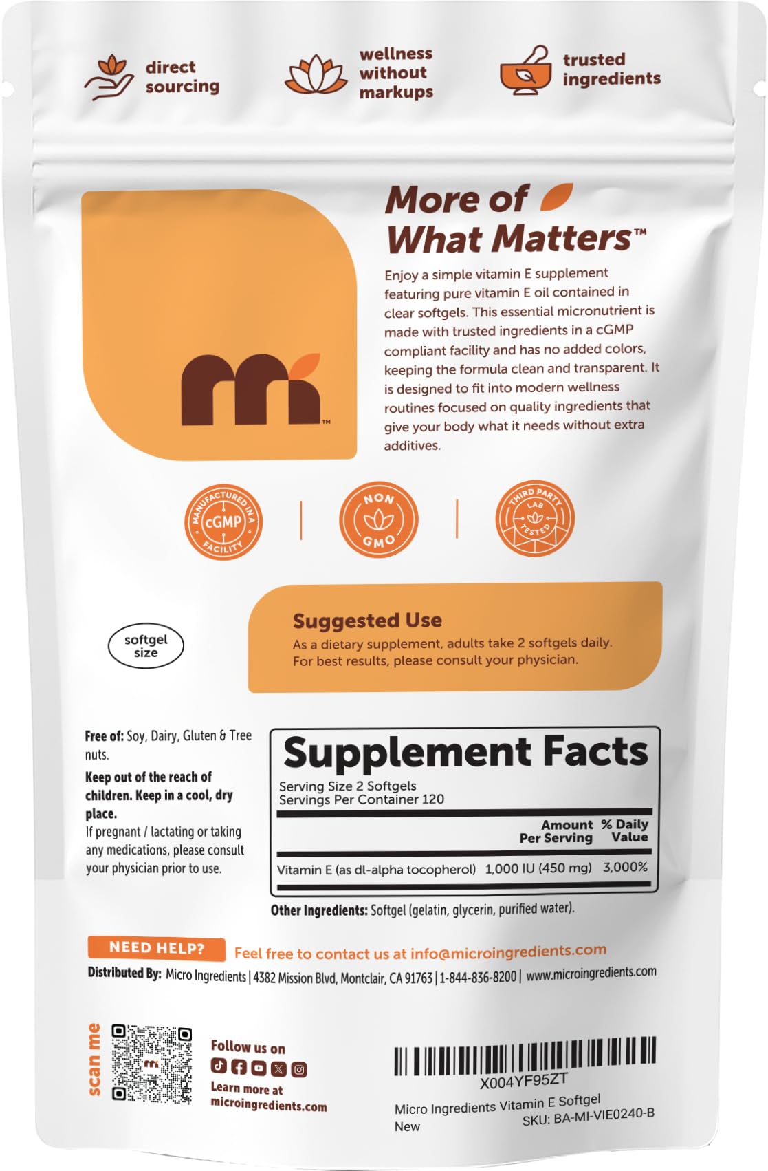 Micro Ingredients etiqueta nutricional destacando 1,000 IU por porción y limpieza
