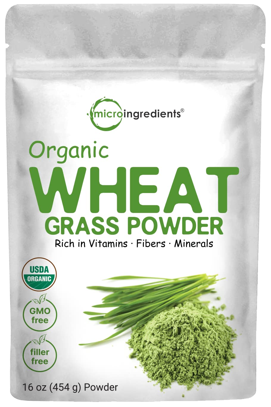 Micro Ingredients frasco frontal del wheatgrass orgánico mostrando etiqueta y tamaño