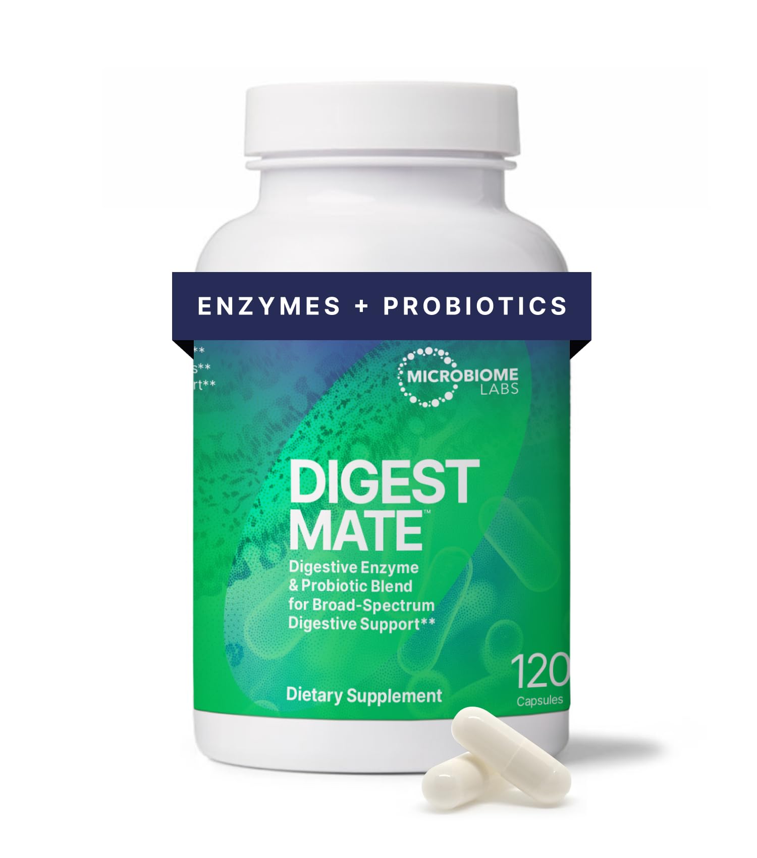 Microbiome Labs DigestMate vista frontal del envase mostrando formato y beneficio digestivo
