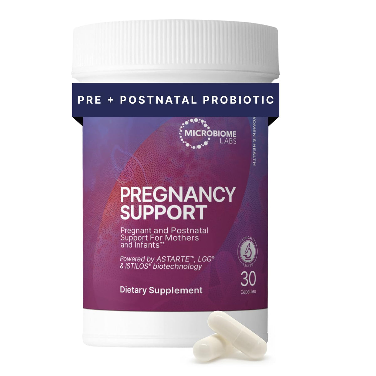Microbiome Labs embalaje frontal mostrando suplemento prenatal y confianza