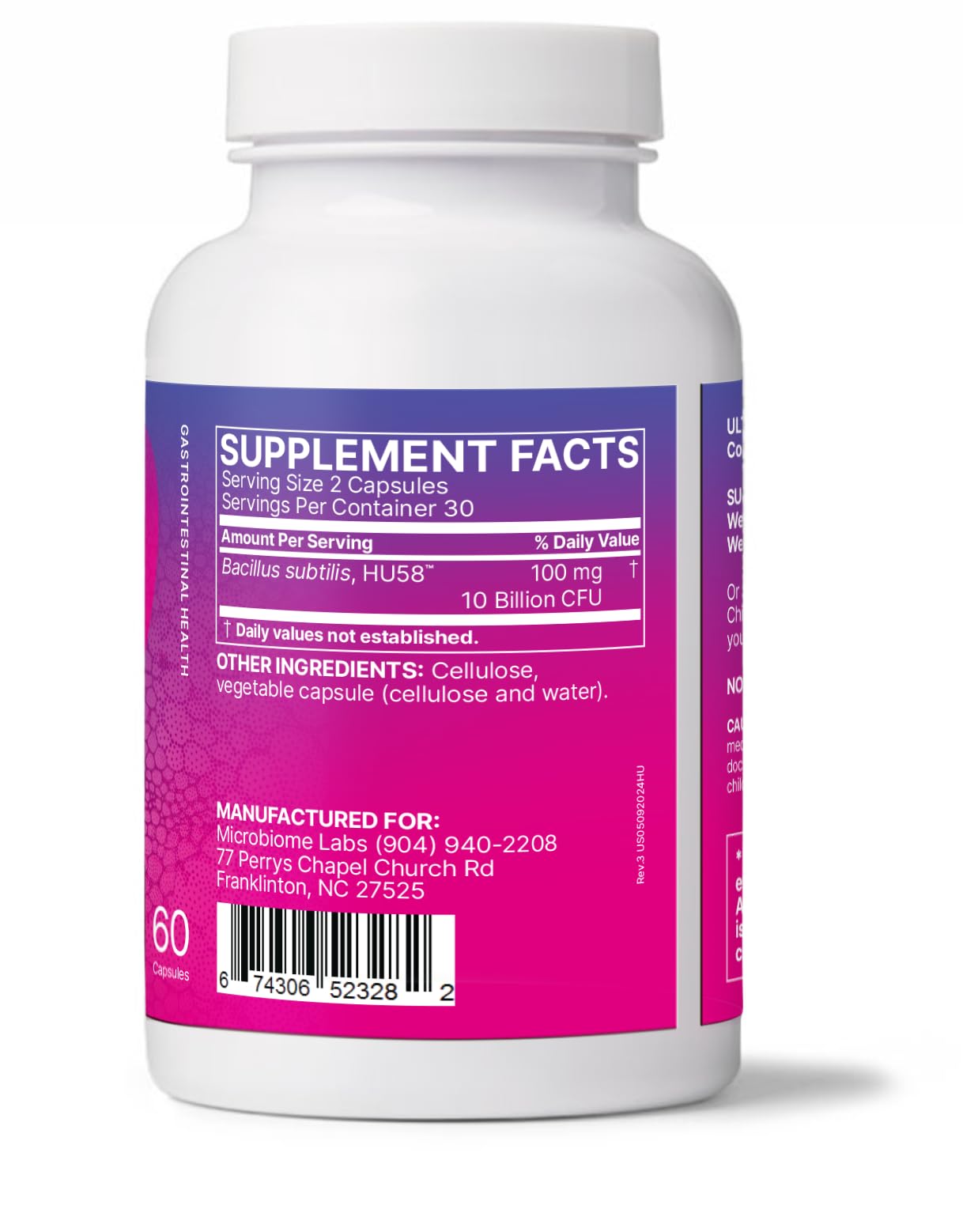 Microbiome Labs etiqueta con ingredientes y cifras de UFC claras