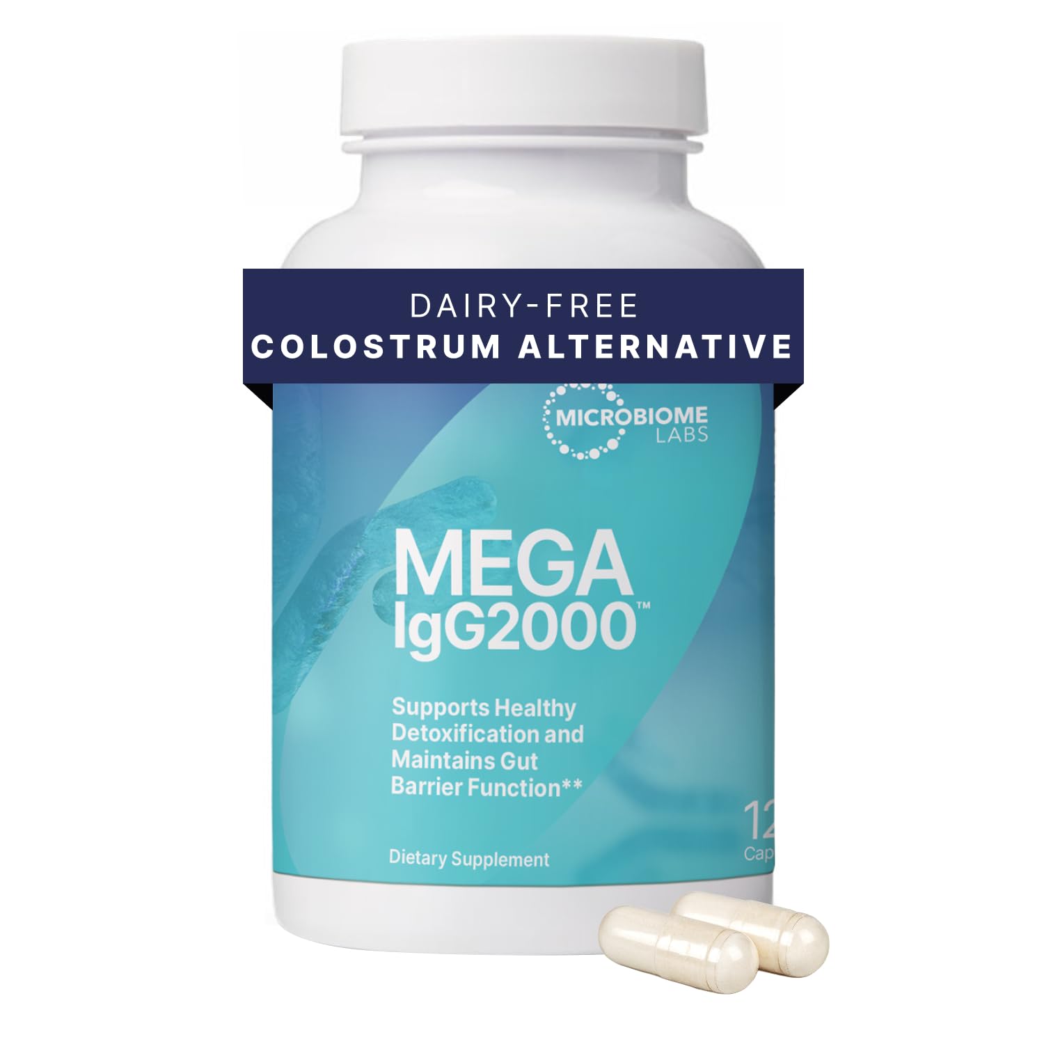 Microbiome Labs envase frontal mostrando suplemento IgG y beneficio digestivo