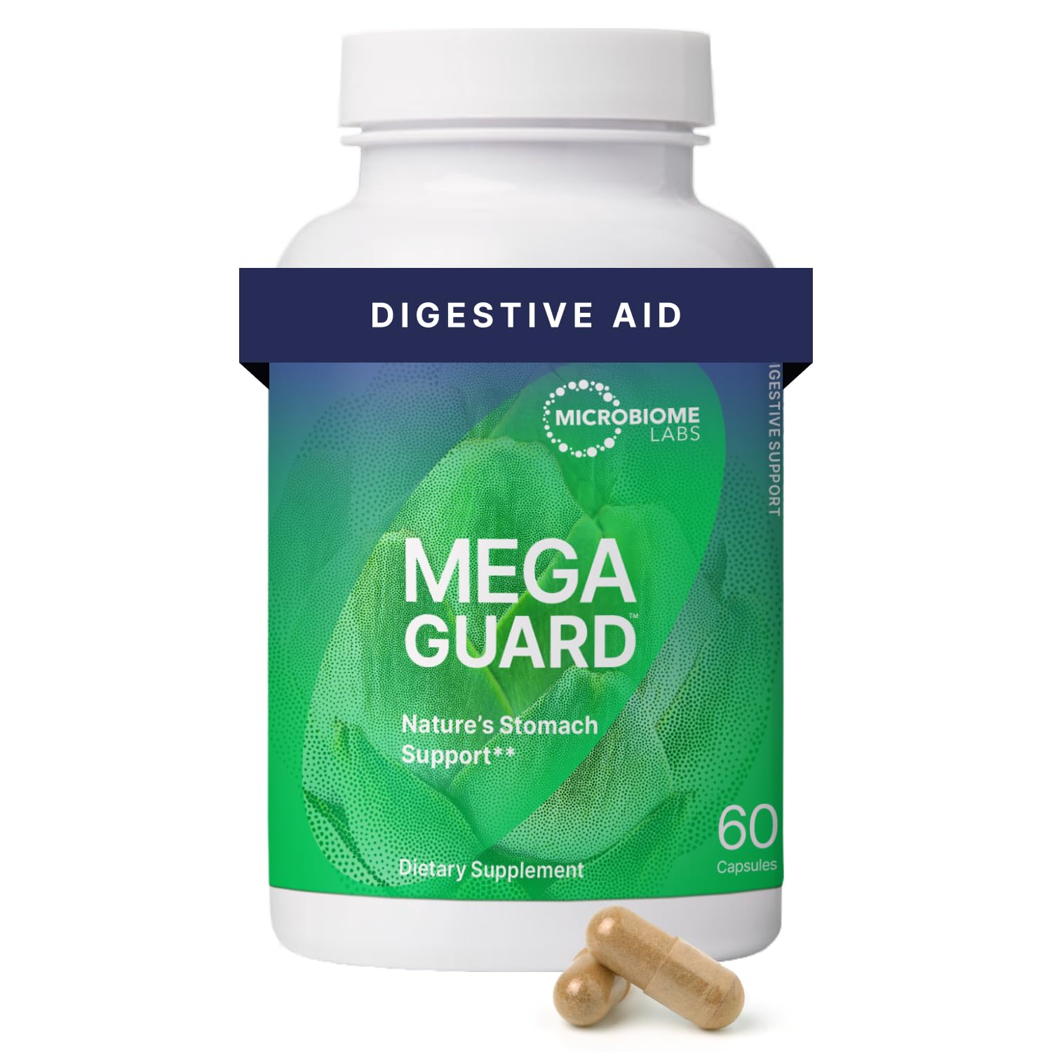 Microbiome Labs MegaGuard frente del empaque mostrando marca y uso digestivo