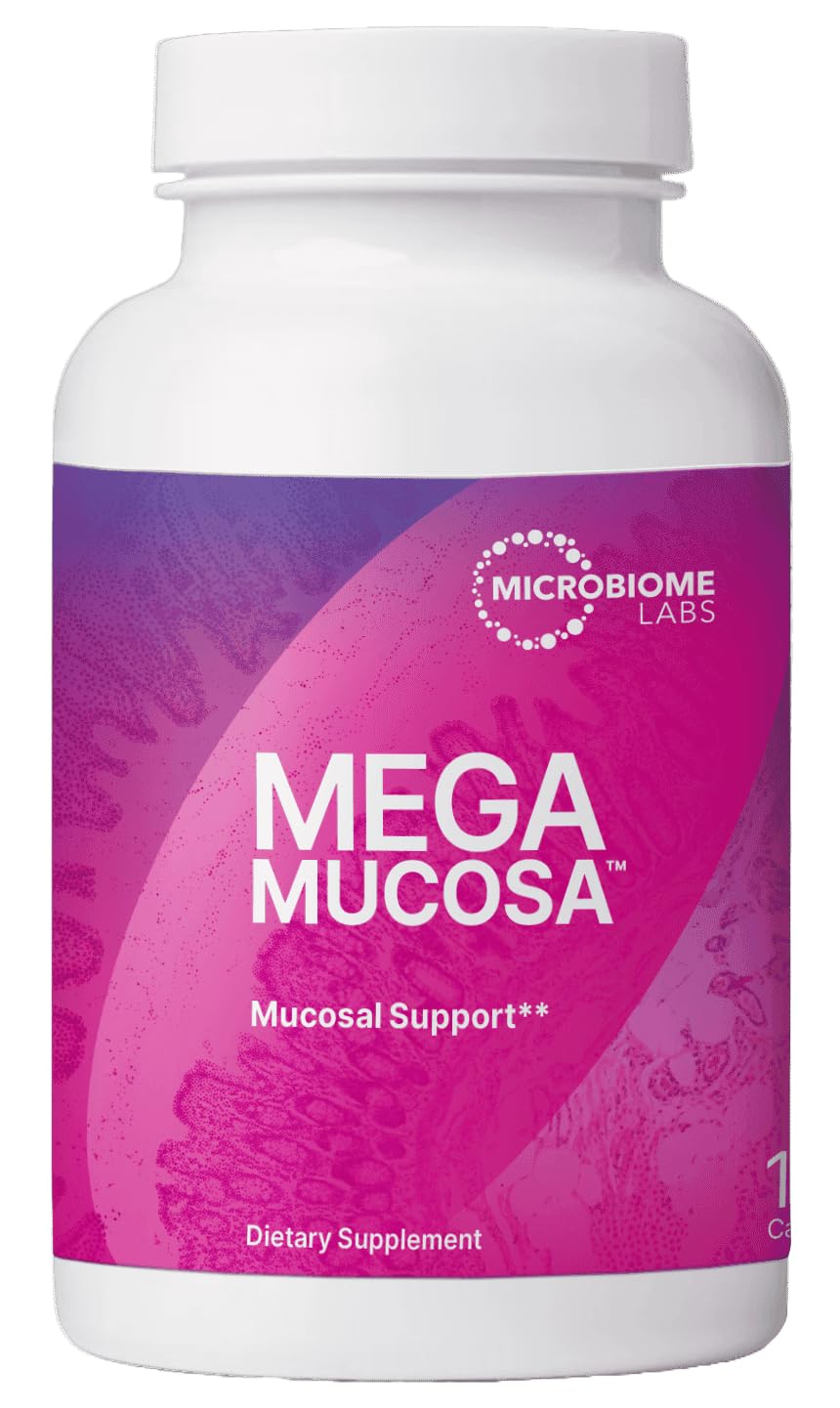 Microbiome Labs frasco frontal mostrando etiqueta clara y beneficios