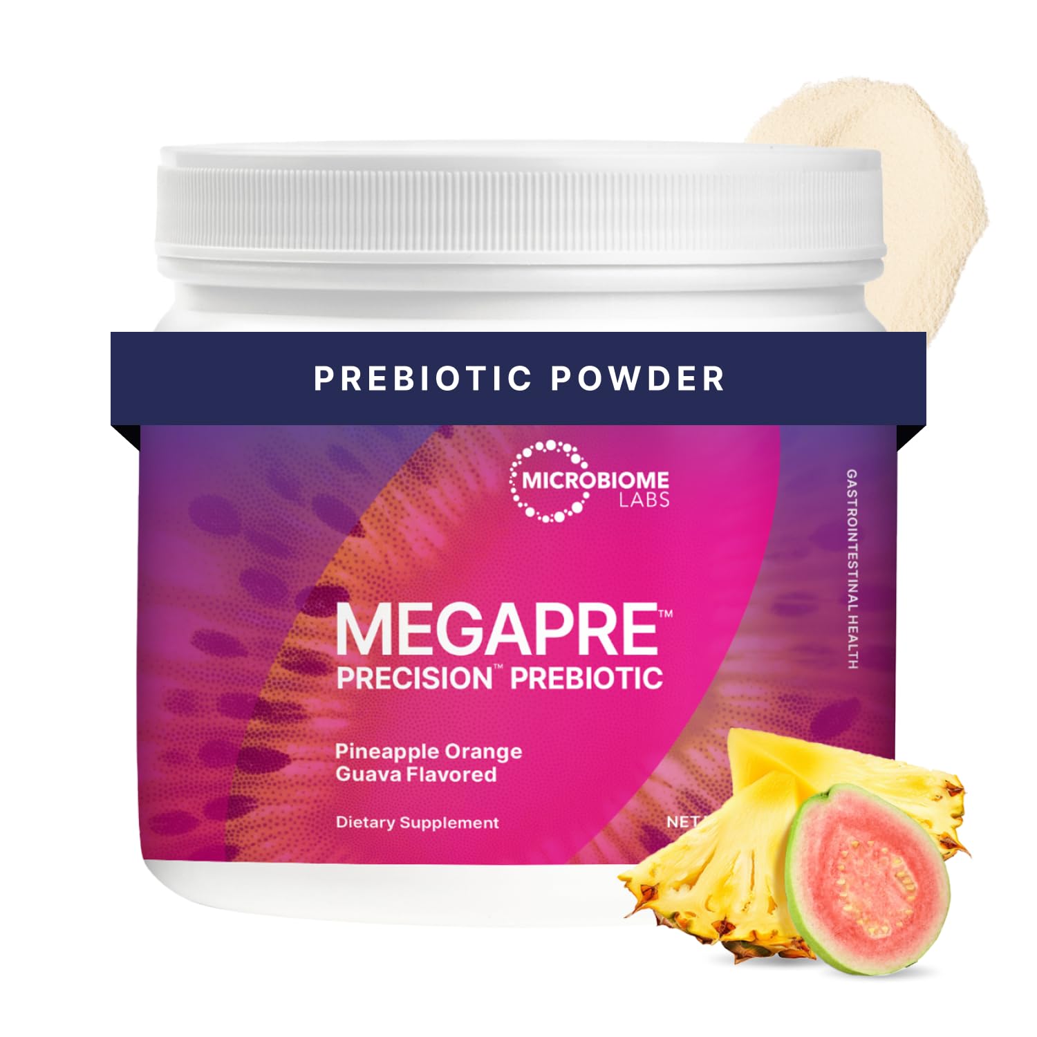 Microbiome Labs envase frontal MegaPre mostrando sabor tropical y beneficio de diversidad microbiana