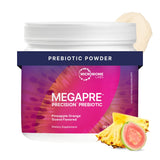 Microbiome Labs envase frontal MegaPre mostrando sabor tropical y beneficio de diversidad microbiana