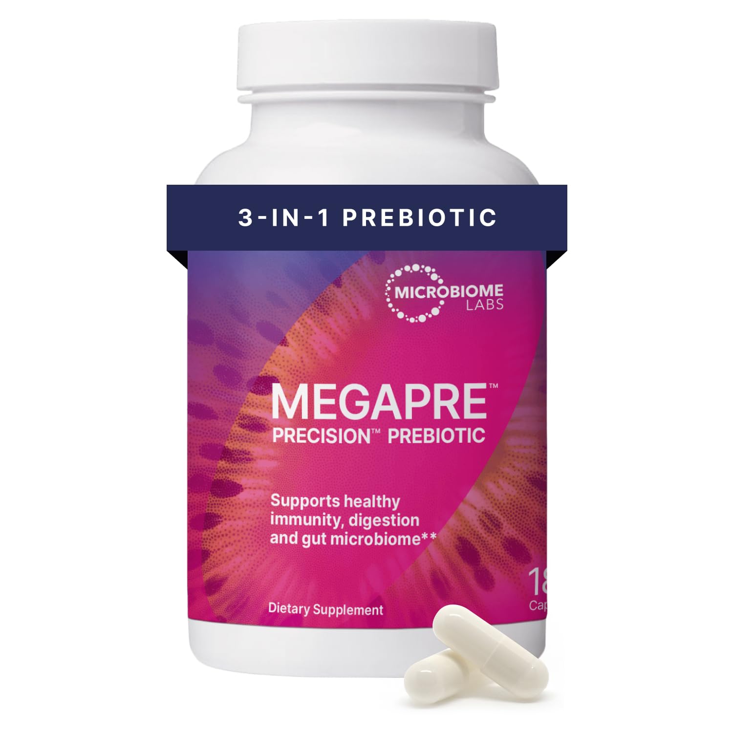Microbiome Labs frasco MegaPre frontal mostrando etiqueta y cápsulas