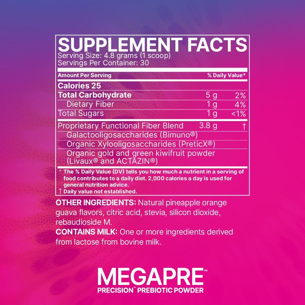 Microbiome Labs MegaPre junto a una regla para mostrar tamaño y porción del envase
