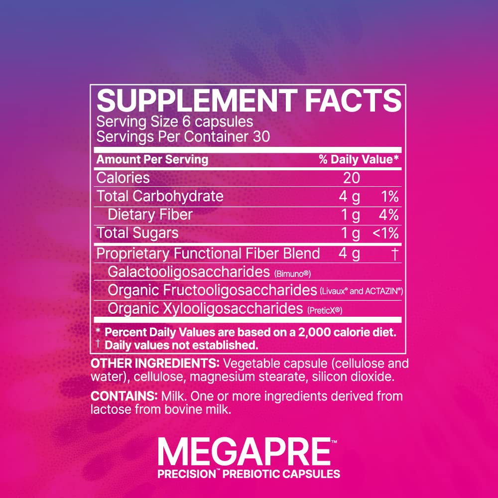 Microbiome Labs MegaPre frasco en cocina junto a alimentos saludables para rutina