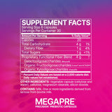 Microbiome Labs MegaPre frasco en cocina junto a alimentos saludables para rutina