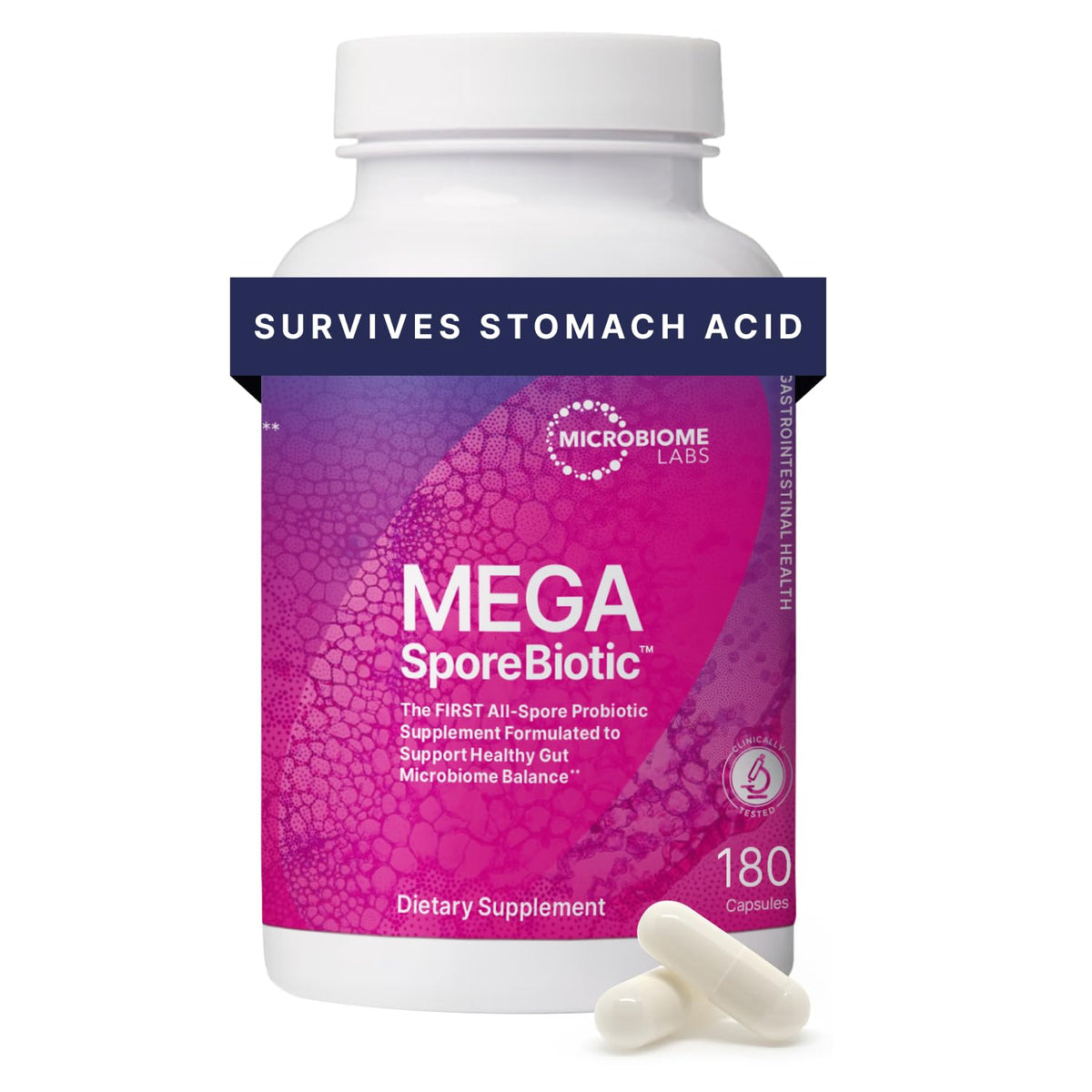 Microbiome Labs MegaSporeBiotic frente del empaque mostrando beneficio de estabilidad