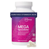 Microbiome Labs MegaSporeBiotic frente del empaque mostrando beneficio de estabilidad