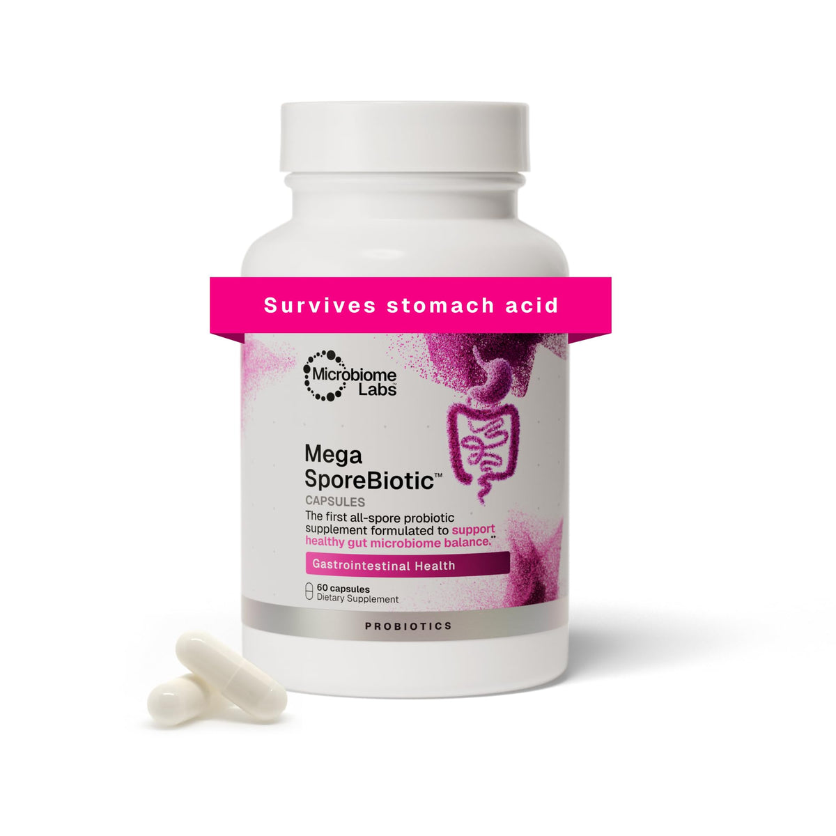 Microbiome Labs frasco frontal mostrando diseño y cantidad conveniente