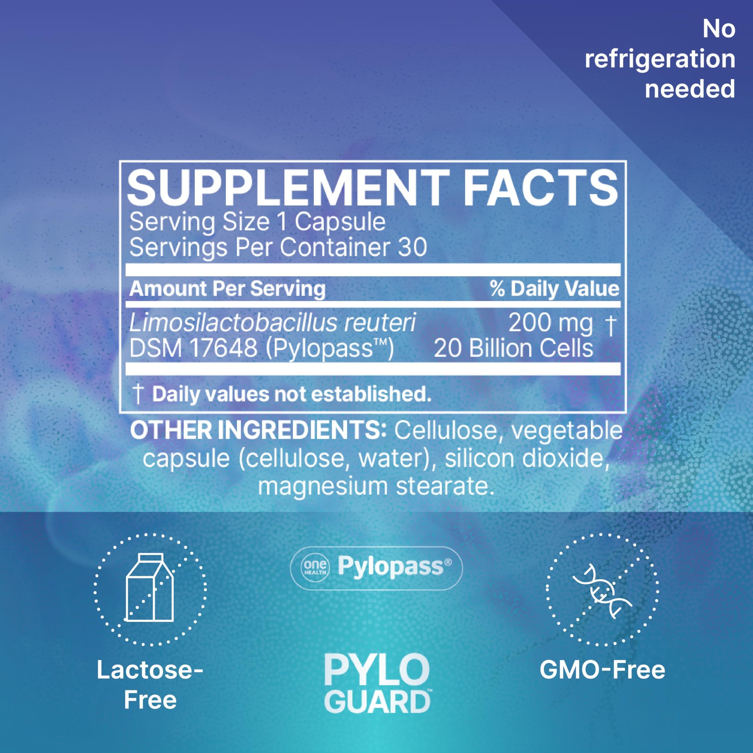 Microbiome Labs PyloGuard cápsula junto a un vaso para mostrar toma con líquidos
