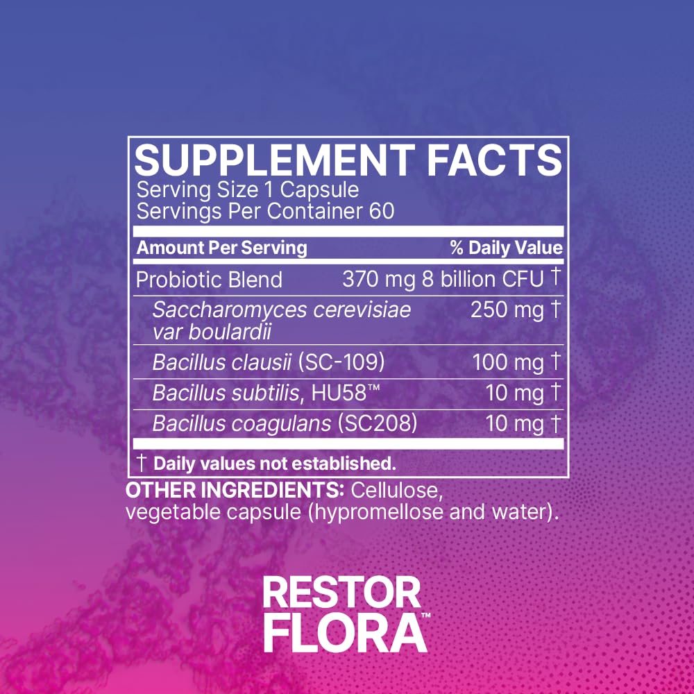 Microbiome Labs RestorFlora botella junto a una mano, comparación de tamaño claro