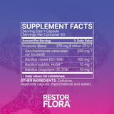 Microbiome Labs RestorFlora botella junto a una mano, comparación de tamaño claro
