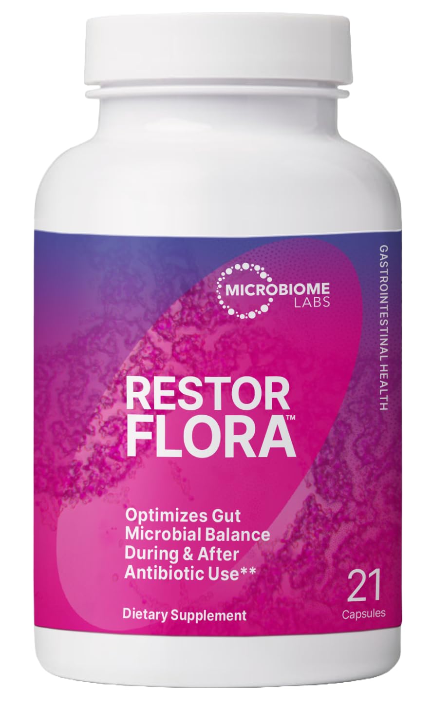 Microbiome Labs RestorFlora vista frontal, envase compacto y estable