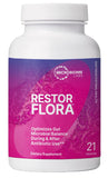 Microbiome Labs RestorFlora vista frontal, envase compacto y estable