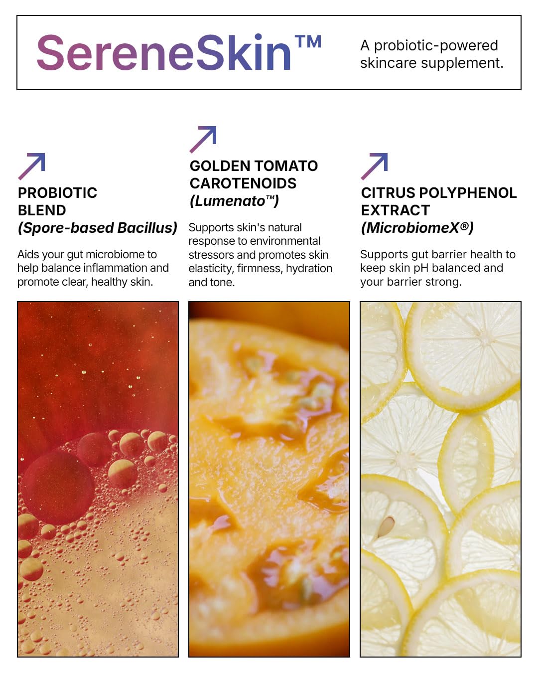 Microbiome Labs SereneSkin etiqueta con ingredientes y beneficios visibles