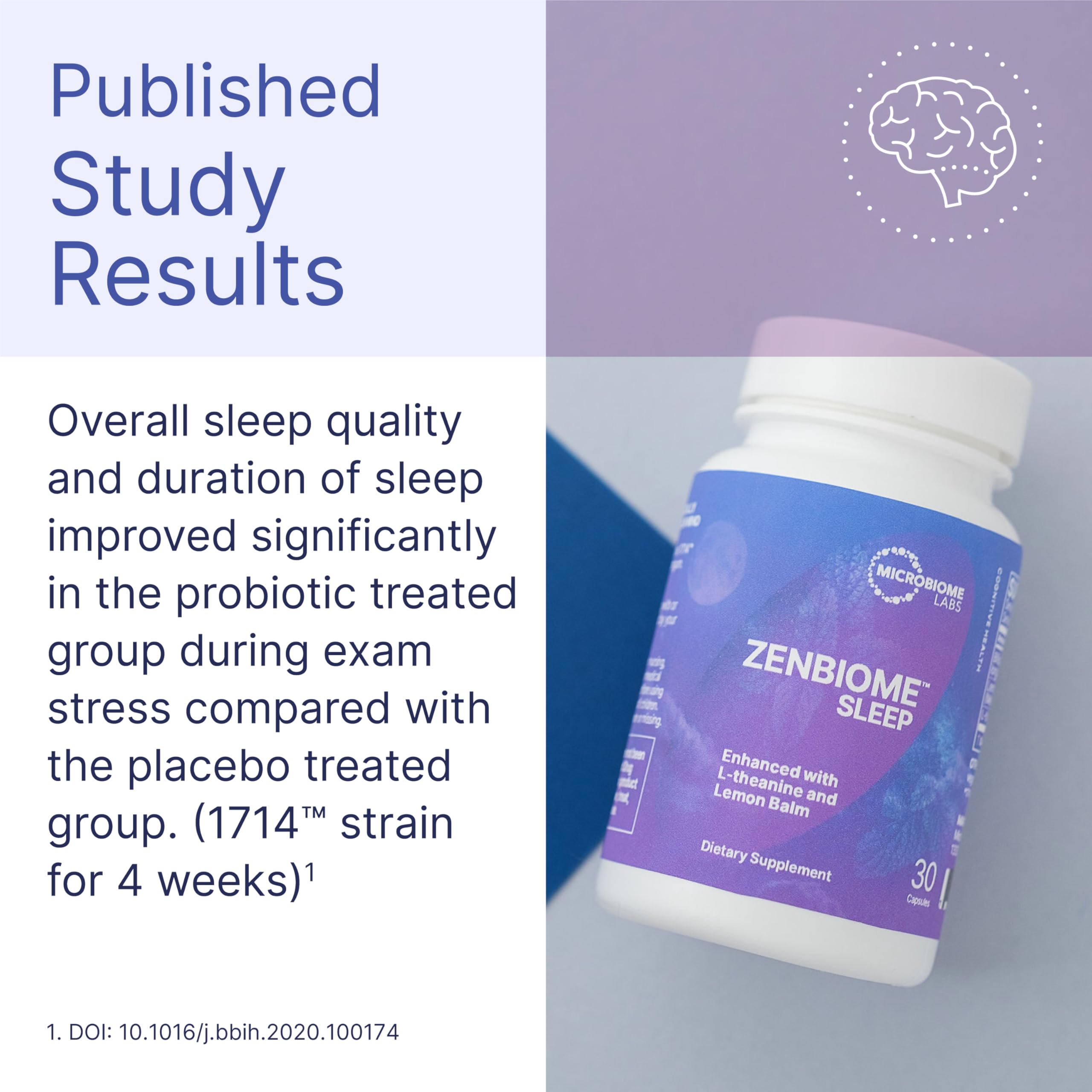 Microbiome Labs Zenbiome Sleep envase abierto mostrando 30 cápsulas por frasco