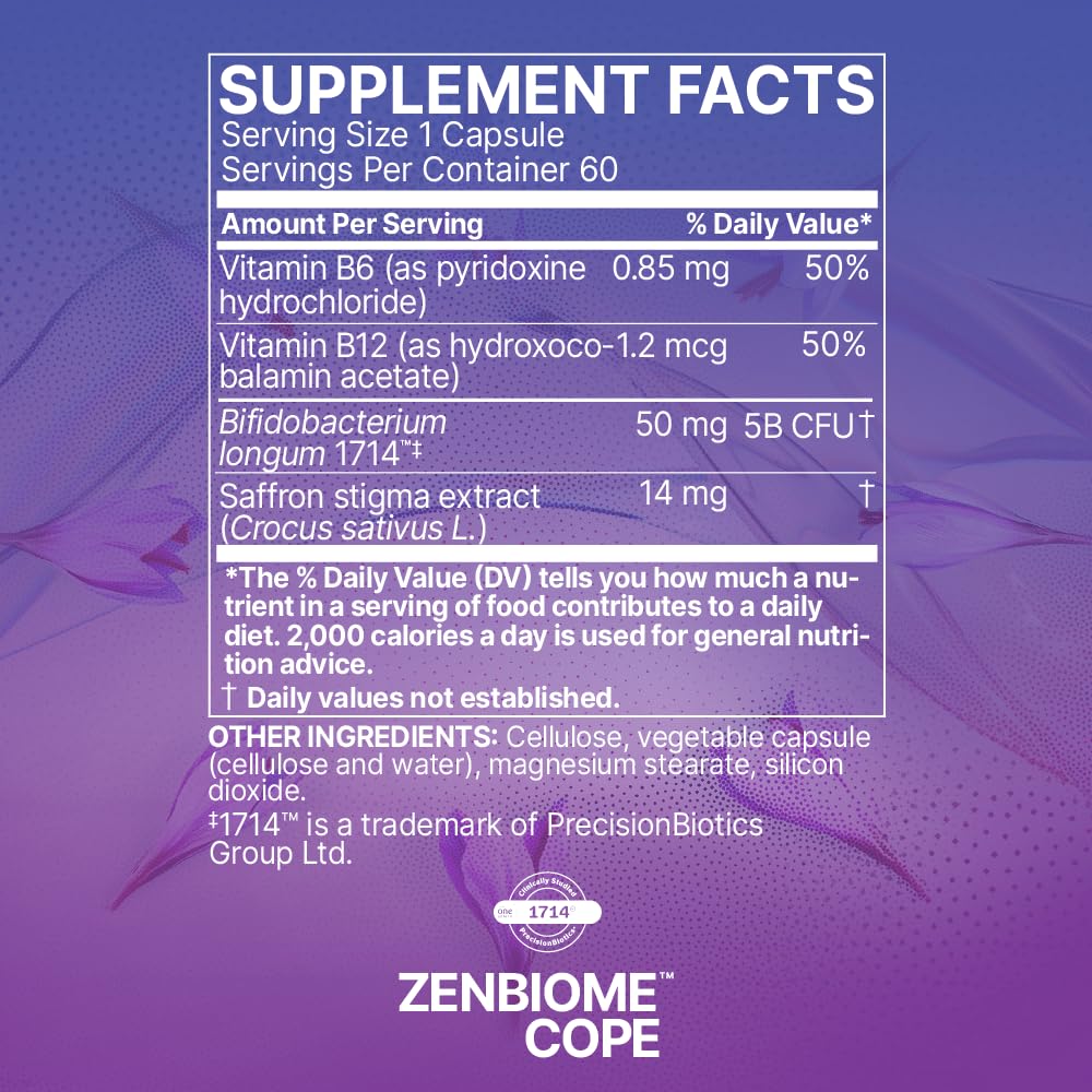 Microbiome Labs Zenbiome COPE en mesa de desayuno junto a agua, ejemplo de uso cotidiano