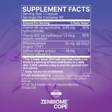 Microbiome Labs Zenbiome COPE en mesa de desayuno junto a agua, ejemplo de uso cotidiano