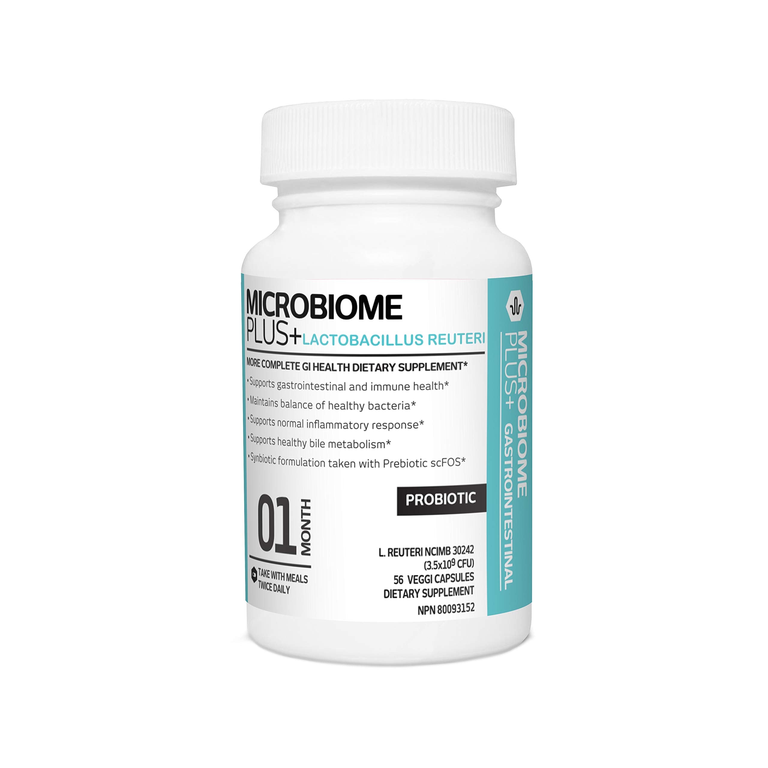 Microbiome Plus frente del envase mostrando información clave y dosis