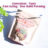 Microjoy etiqueta con ingredientes y pruebas de terceros visibles