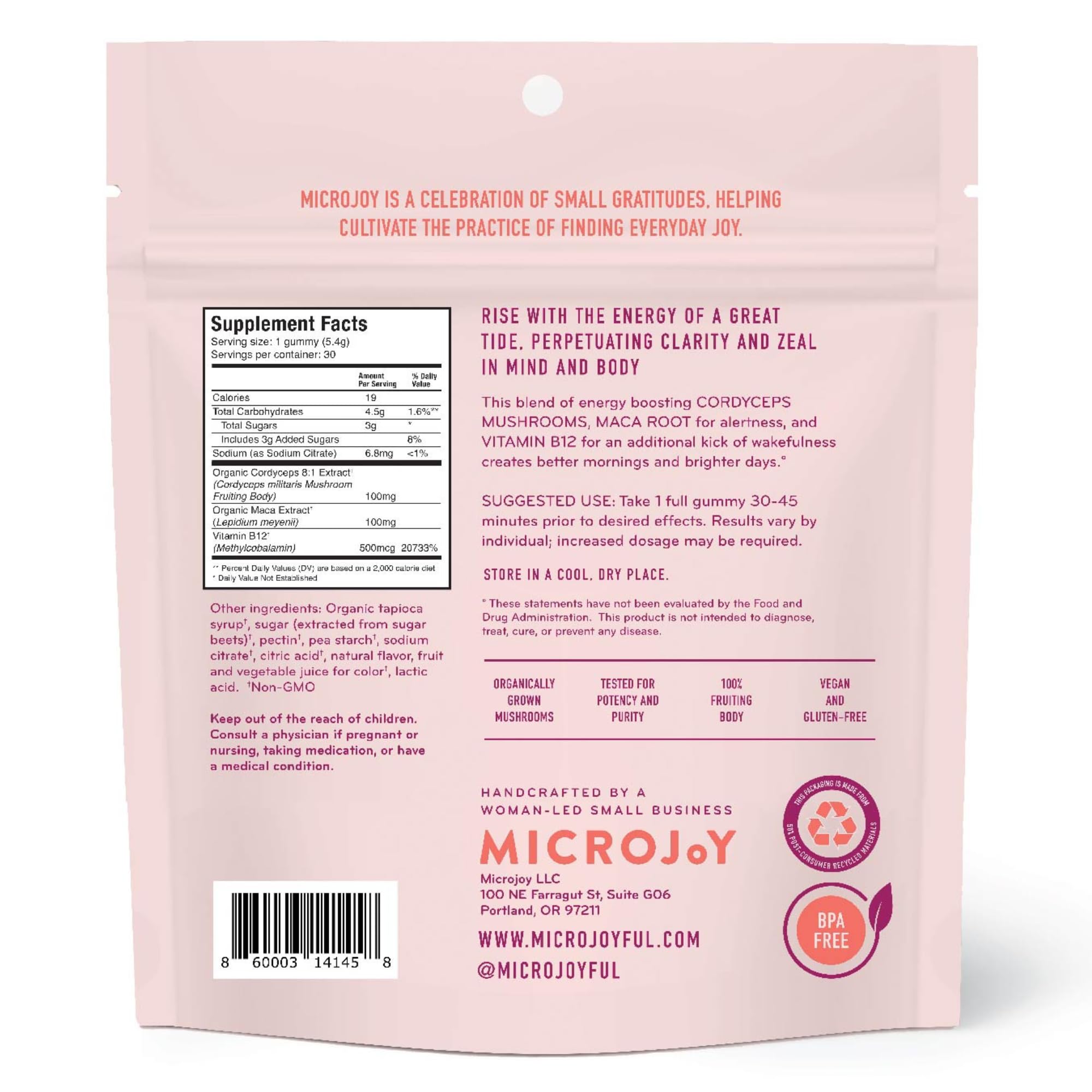 Microjoy etiqueta con ingredientes naturales y beneficios visibles
