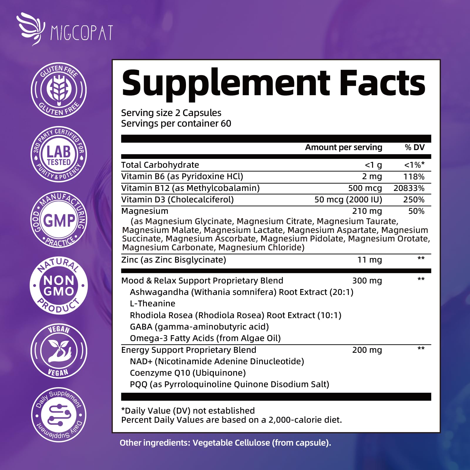 Migcopat etiqueta nutricional cerca mostrando vitaminas y minerales