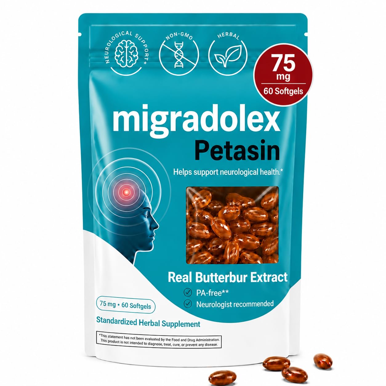 migradolex frente del envase mostrando diseño y cantidad, seguridad y pureza