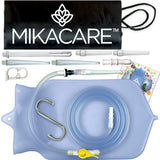 Mikacare bolsa enema frontal mostrando capacidad y abertura, fácil llenado