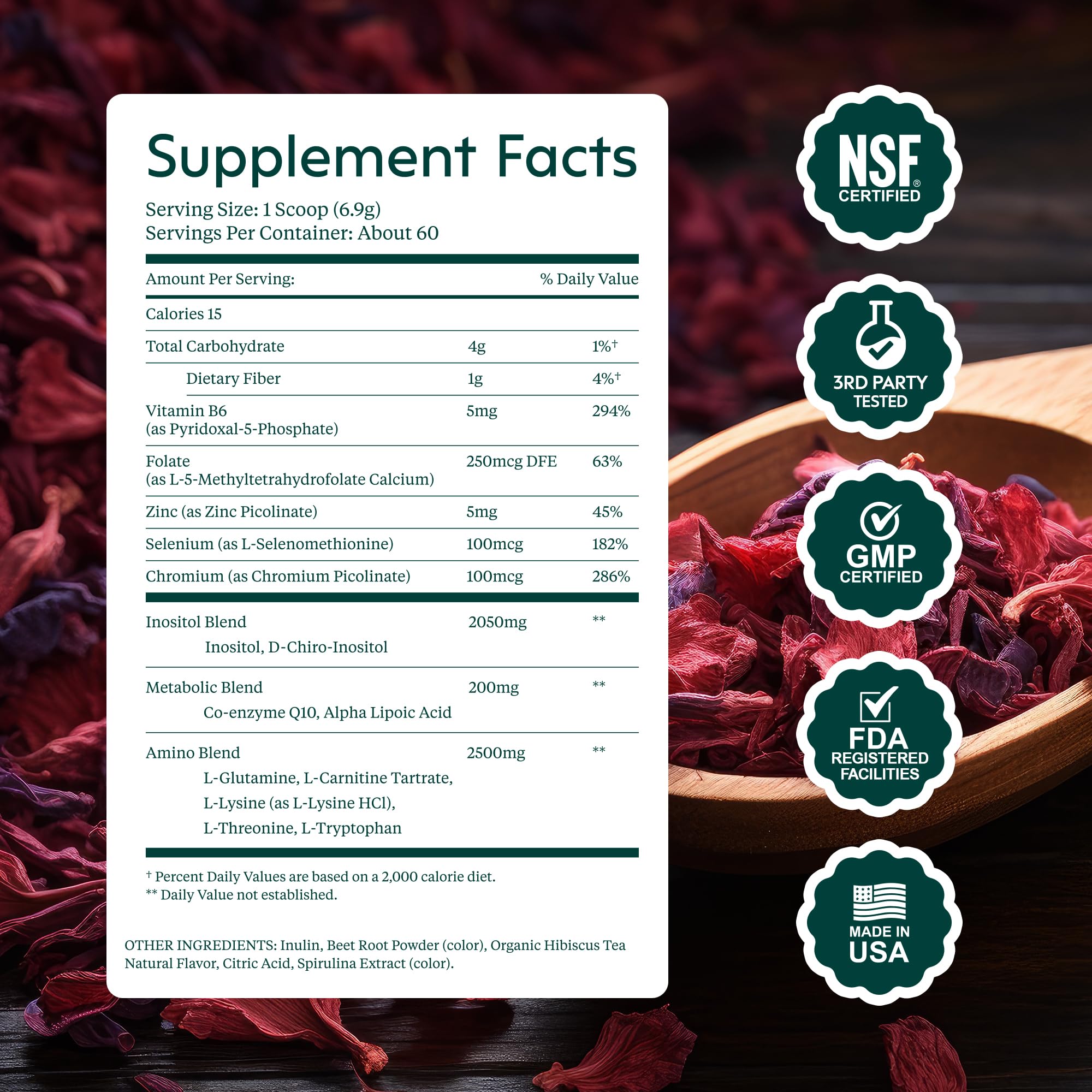 milamend primer plano de polvo e ingredientes, transparencia de formulación