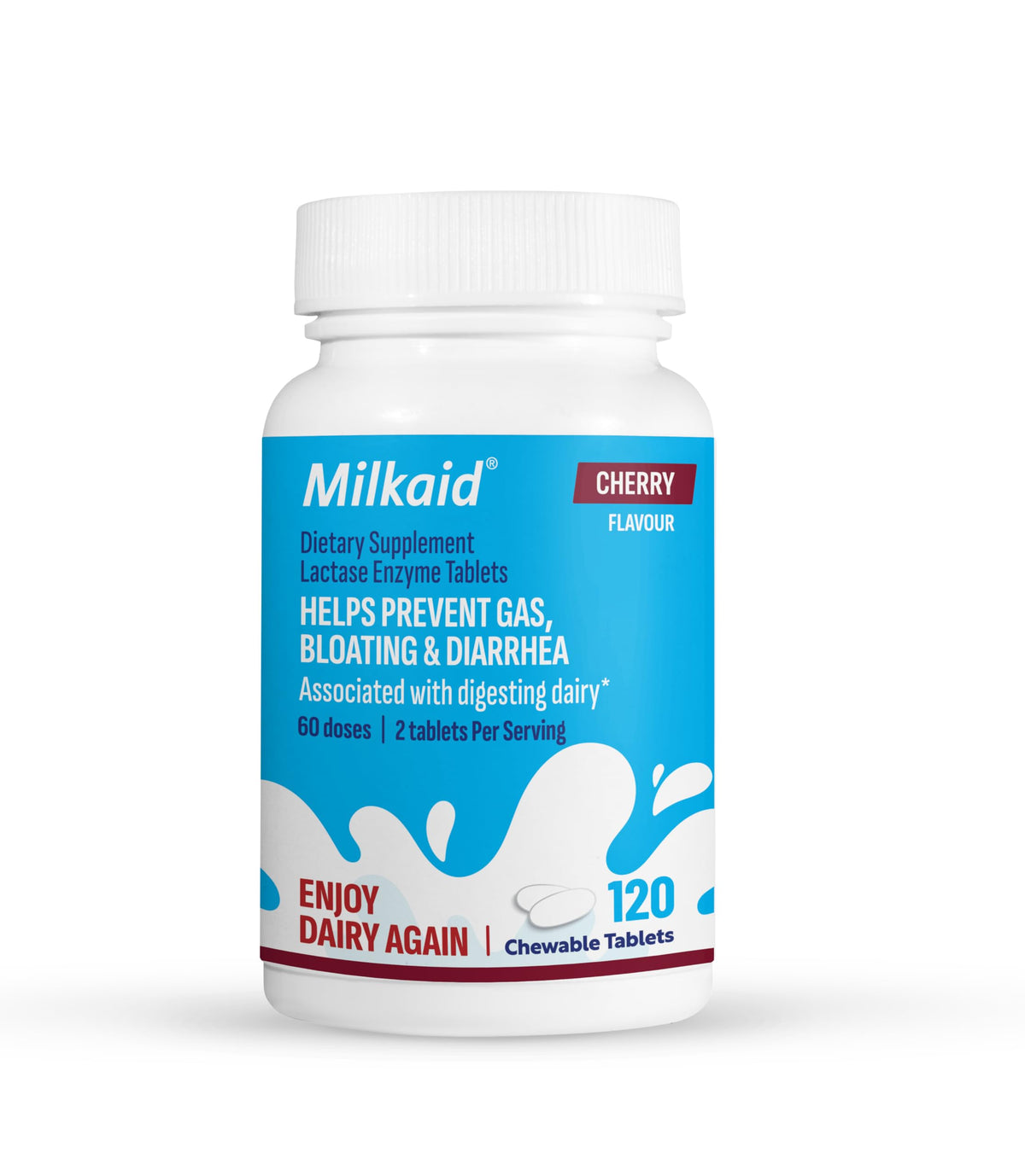 Milkaid frente del paquete mostrando 120 tabletas para digestión rápida