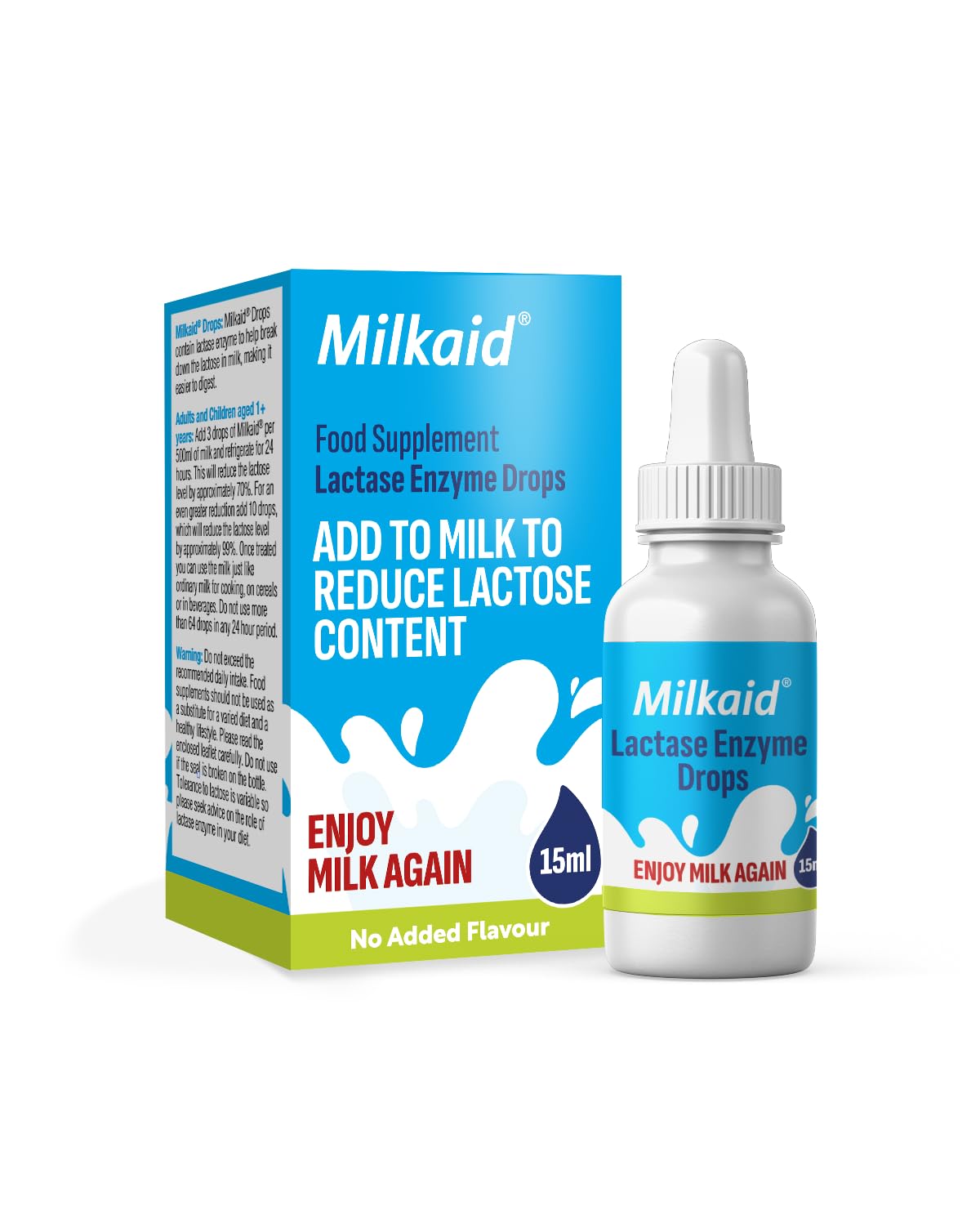 Milkaid frente del producto mostrando envase compacto y etiqueta informativa, facilita uso diario