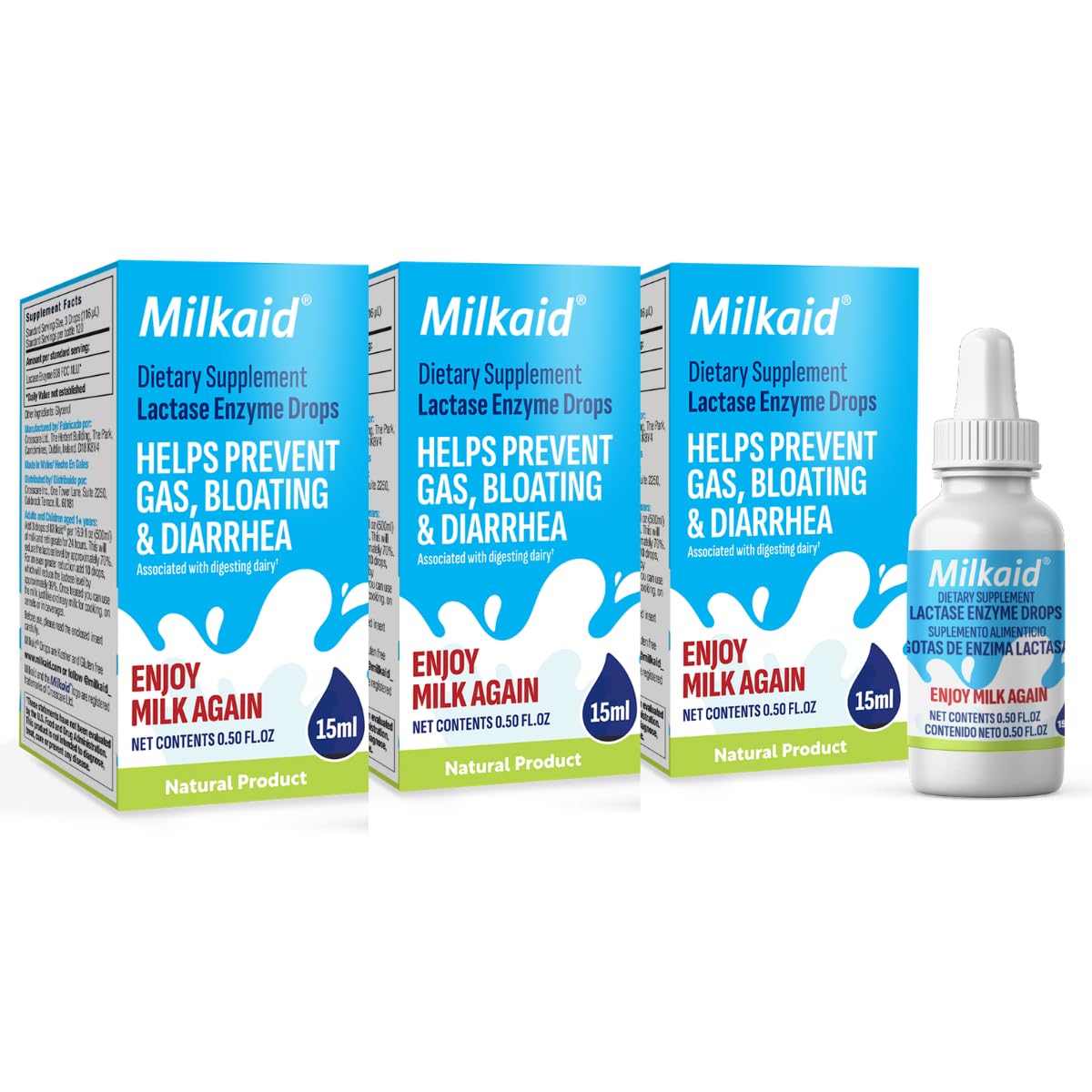 Milkaid frasco frontal mostrando etiqueta y tamaño compacto, práctico y claro