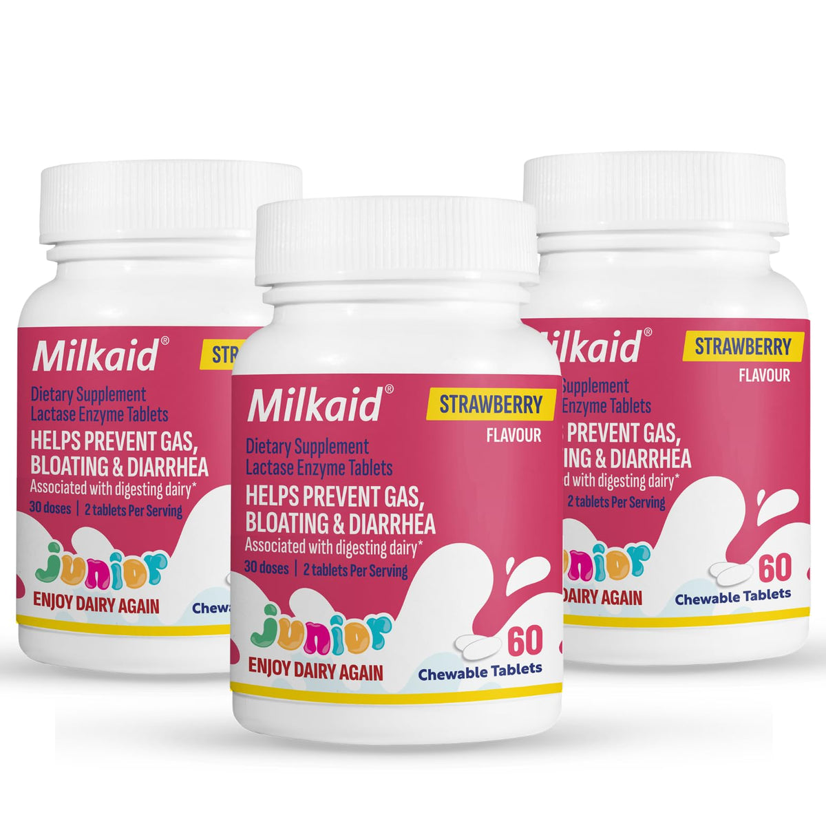 Milkaid Junior frente del empaque mostrando 60 tabletas y conveniencia