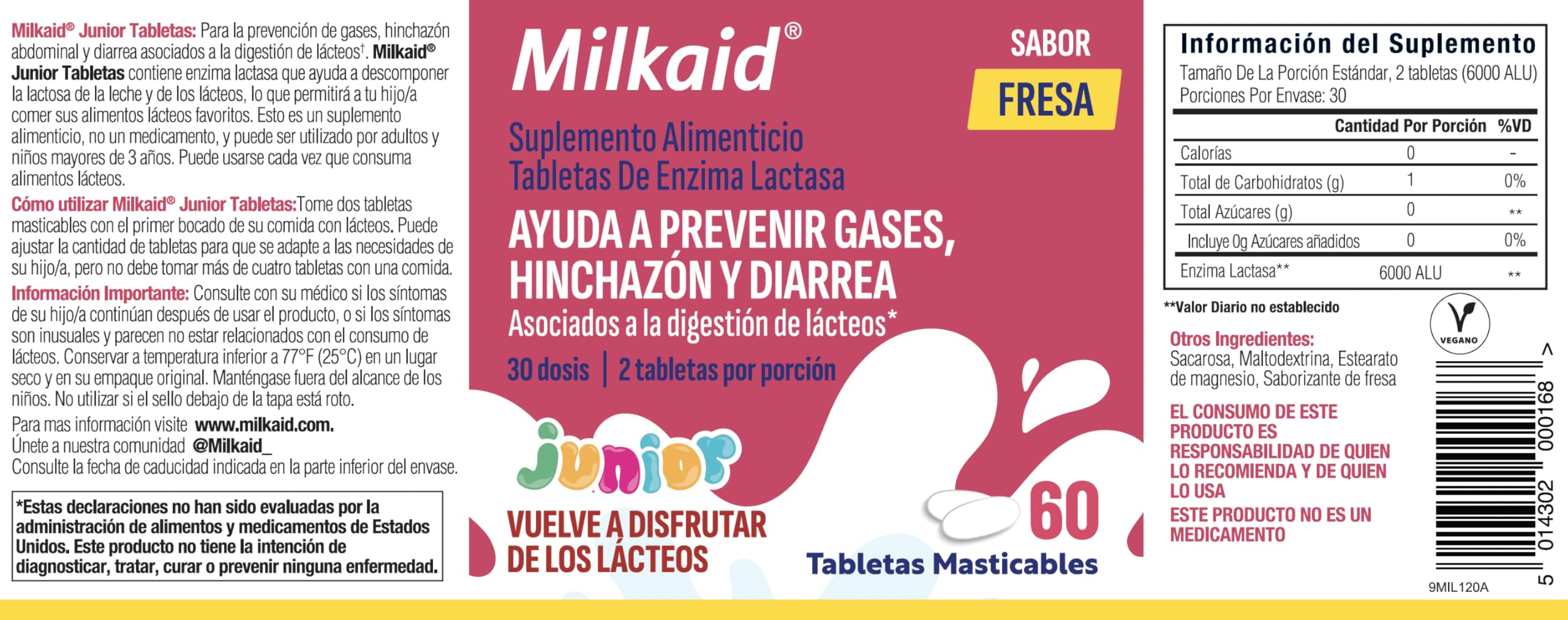 Milkaid Junior etiqueta con ingredientes claros y beneficios para familias