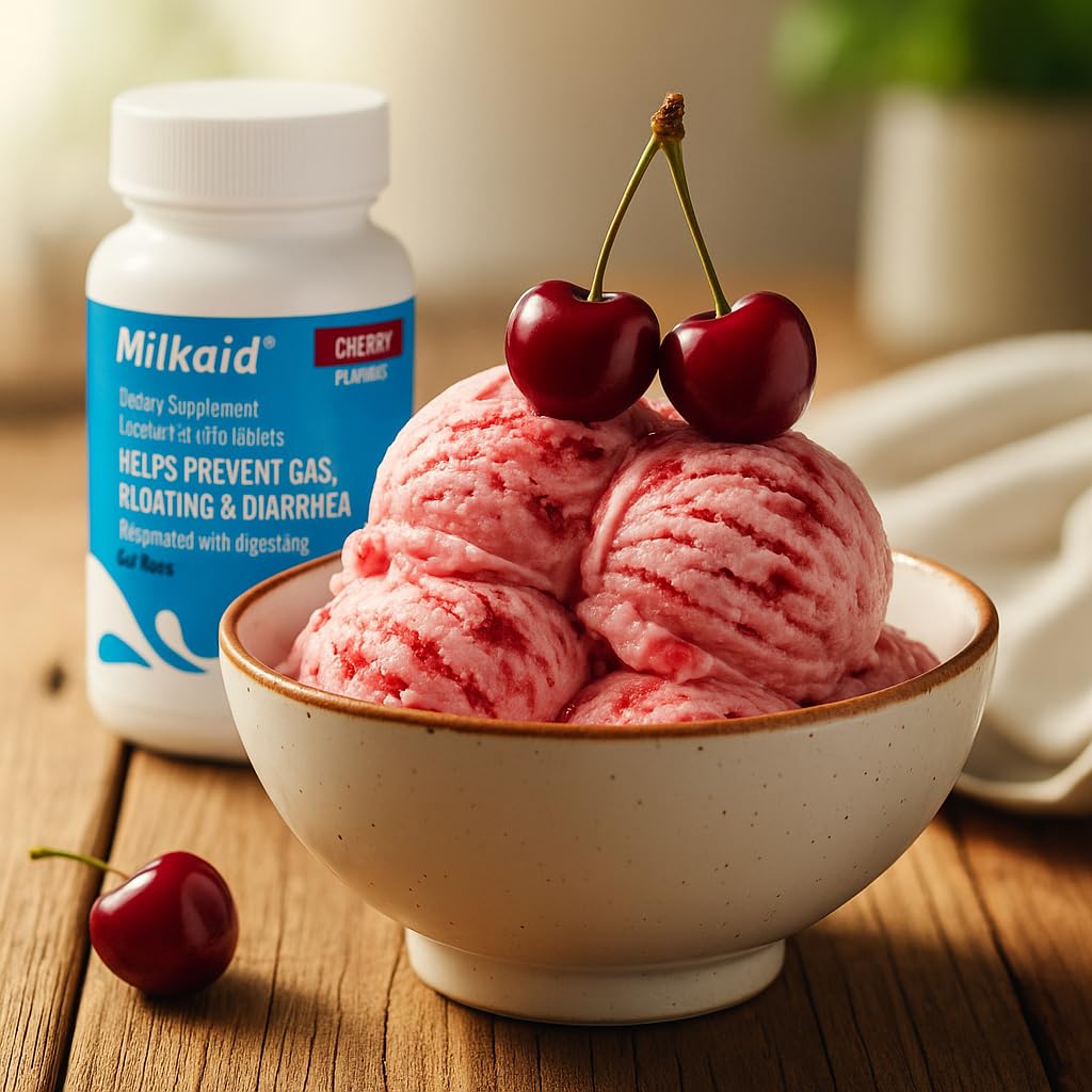 Milkaid tableta masticable sabor cereza detalle de textura y color apetecible