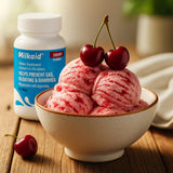 Milkaid tableta masticable sabor cereza detalle de textura y color apetecible