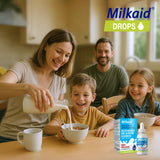 Milkaid tamaño escala con mano sosteniendo el frasco pequeño, fácil de guardar y transportar